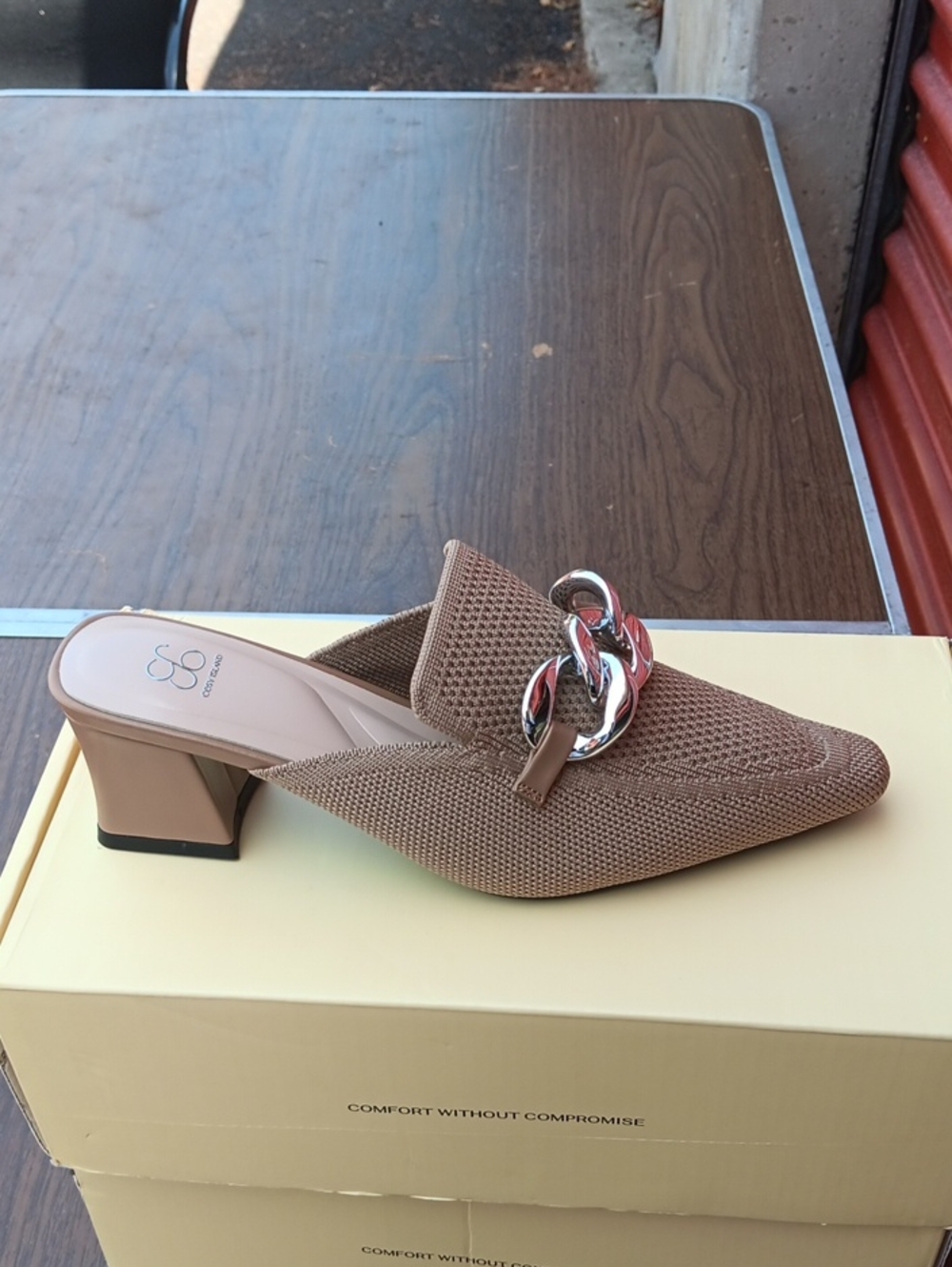 Taupe Knit Chain-Accent Mule Heels